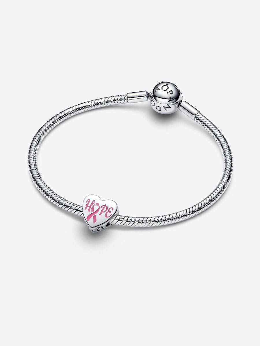 Hope heart sterling silver charm with pink enamel