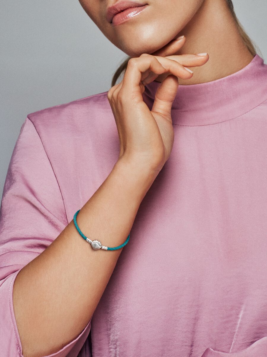 Pandora Moments Seashell Clasp Turquoise Braided Leather Bracelet