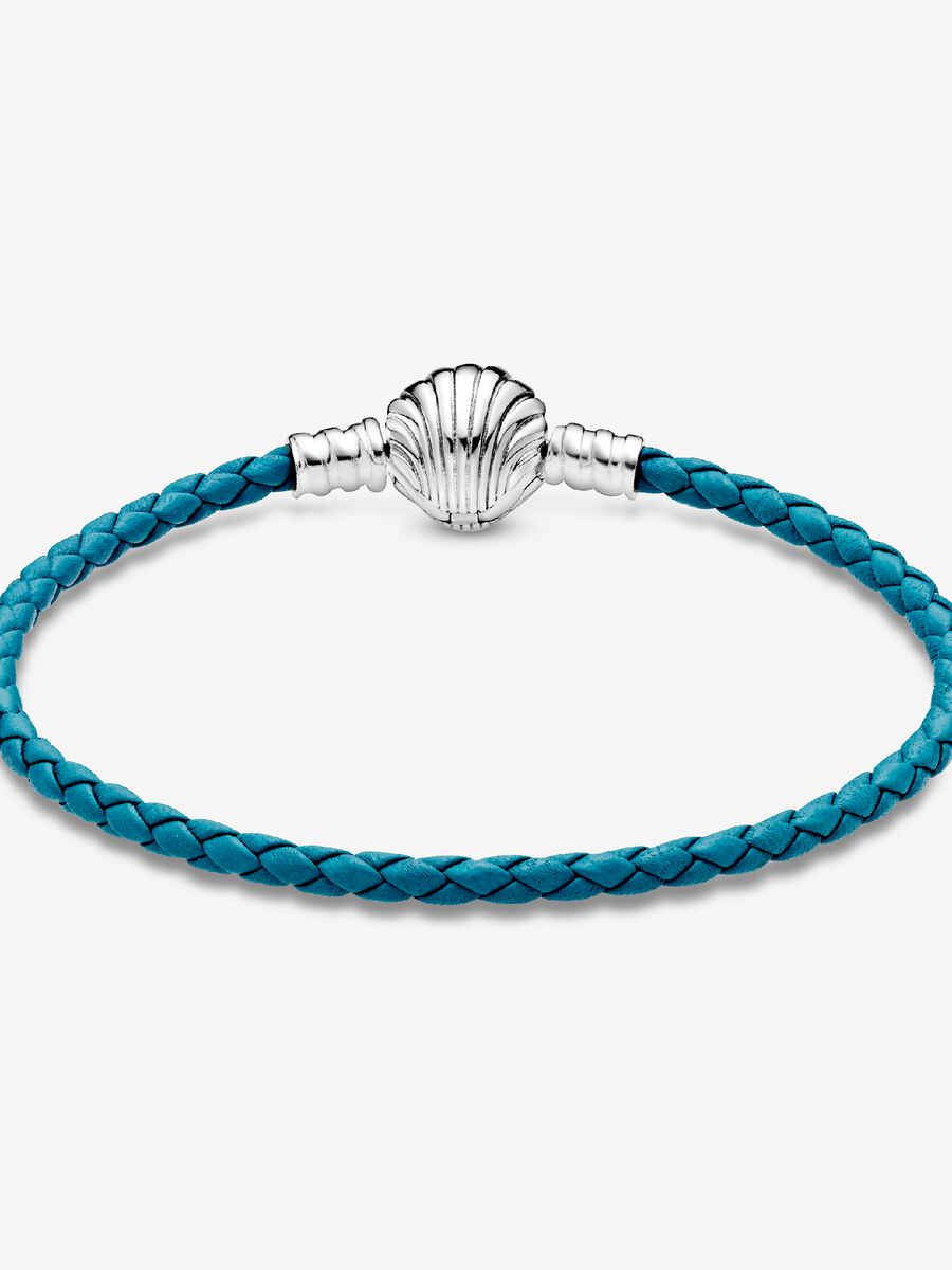 Pandora Moments Seashell Clasp Turquoise Braided Leather Bracelet