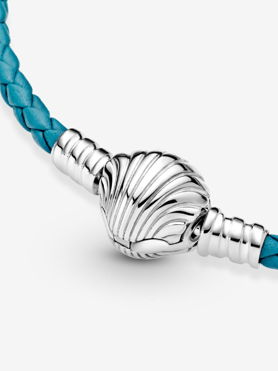 Pandora Moments Seashell Clasp Turquoise Braided Leather Bracelet