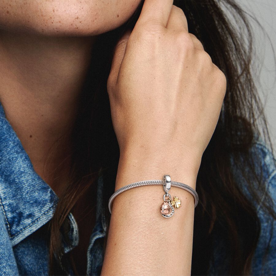 Horseshoe, clover and ladybird in silver, 14k gold-plated and 14k rose gold-plated dangle with clear cubic zirconia