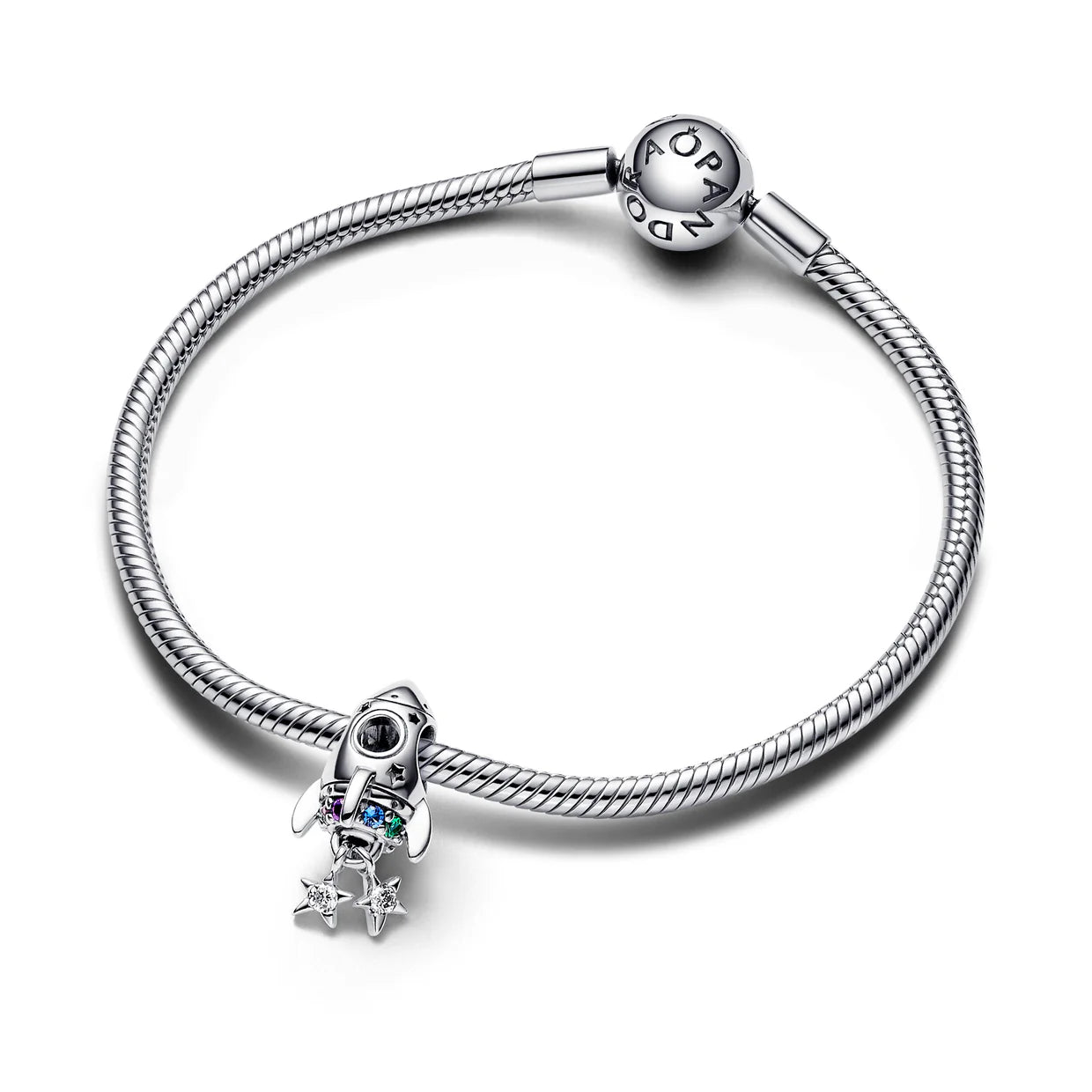 Space Rocket Sterling Silver Charm With Phlox Pink, Royal Purple, Stellar Blue And Royal Green Crystal And Clear Cubic Zirconia