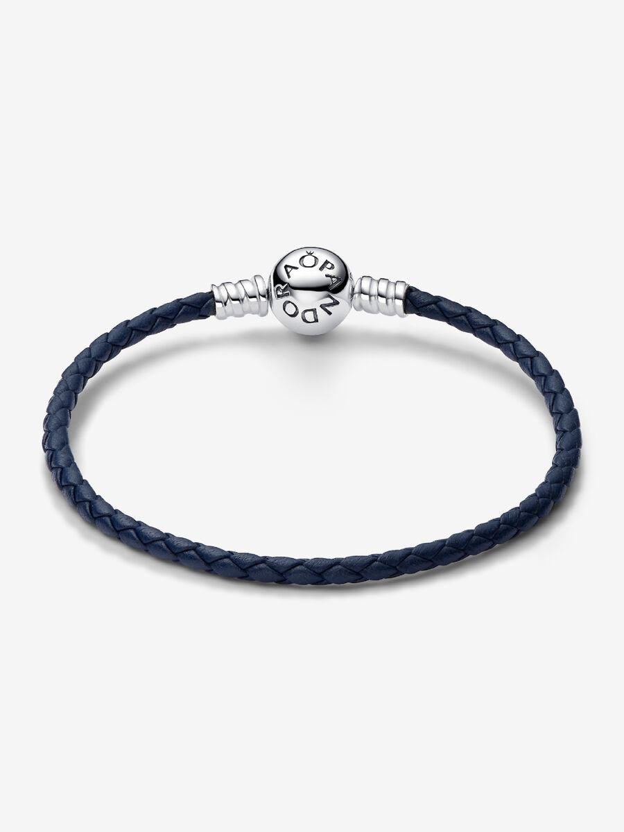 Pandora Moments Round Clasp Blue Braided Leather Bracelet
