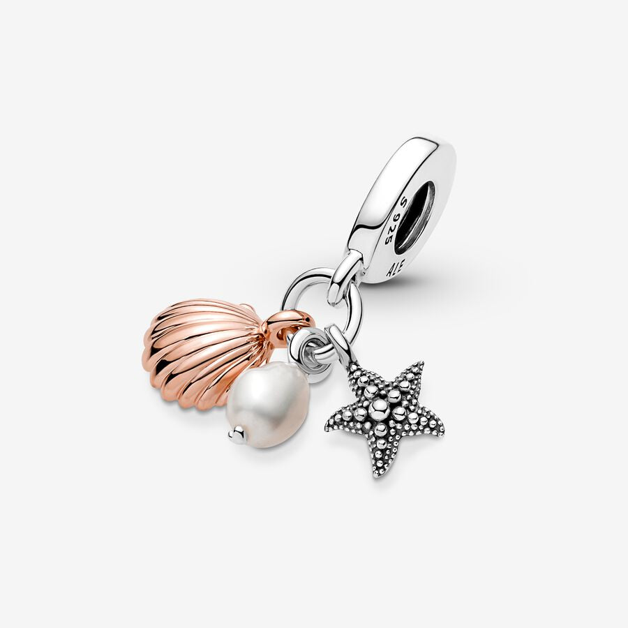 Treated Freshwater Cultured Pearl, Starfish & Shell Triple Dangle Charm