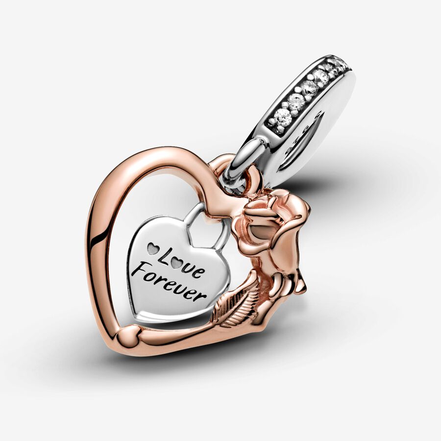 Heart & Rose Flower Dangle Charm