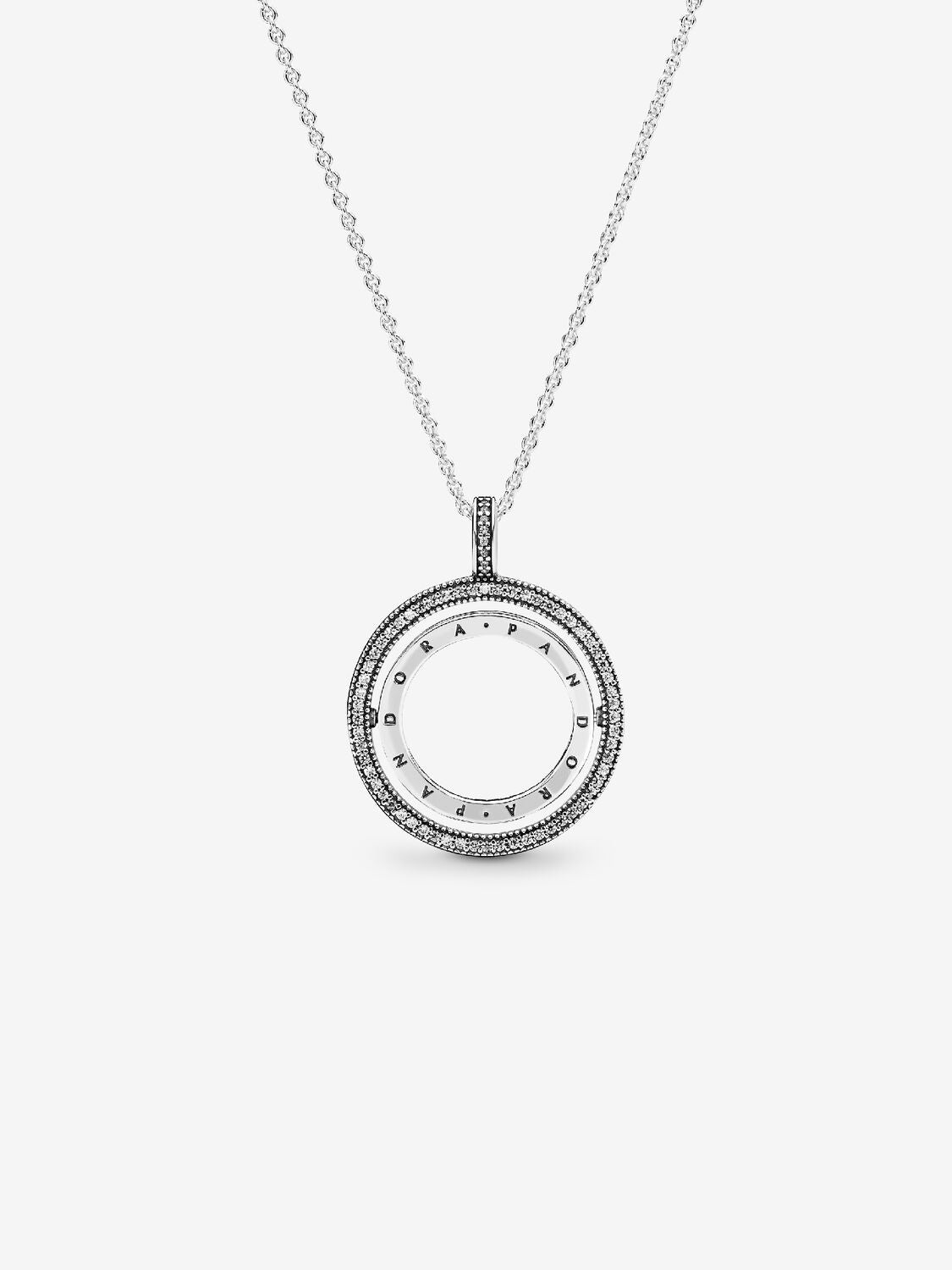 PANDORA logo spinning silver pendant with clear cubic zirconia and chain