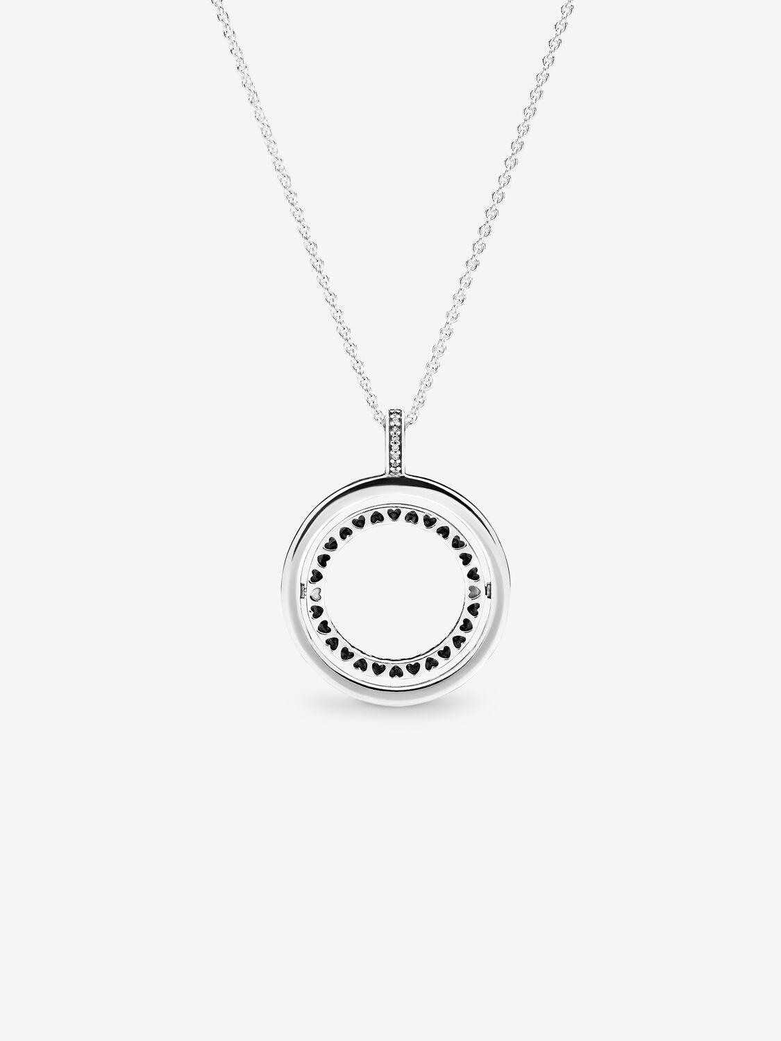 PANDORA logo spinning silver pendant with clear cubic zirconia and chain
