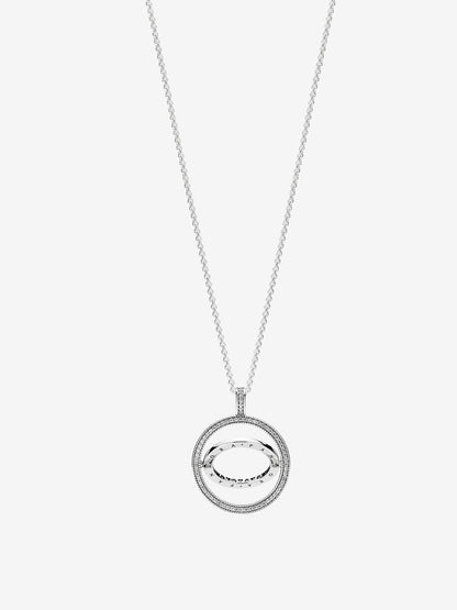 PANDORA logo spinning silver pendant with clear cubic zirconia and chain