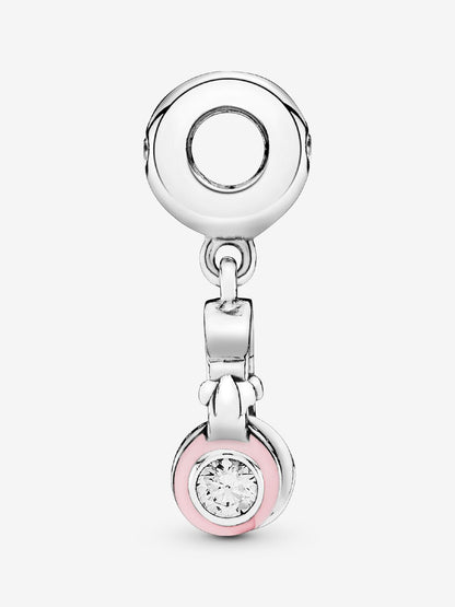 Headphones silver dangle with clear cubic zirconia and pink enamel