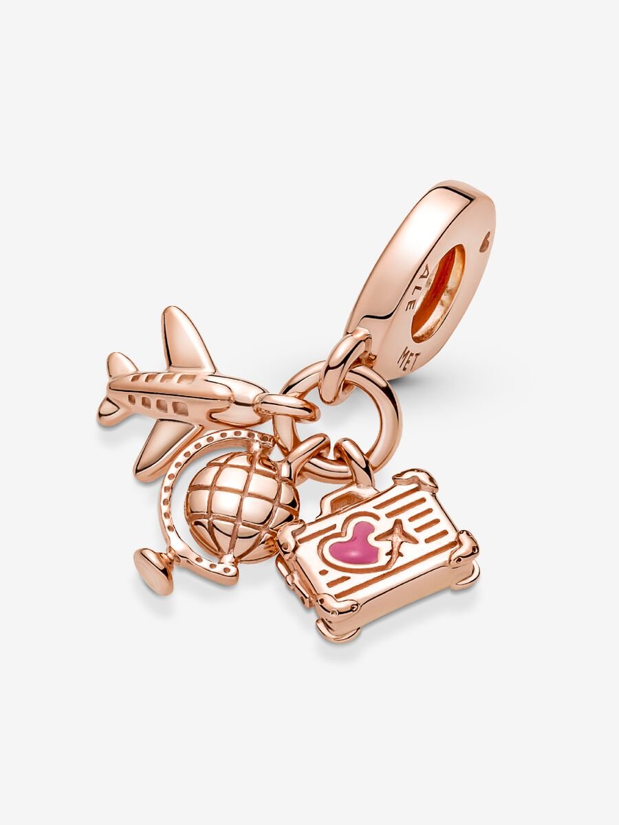 Airplane, Globe & Suitcase Triple Dangle Charm
14k rose gold plating