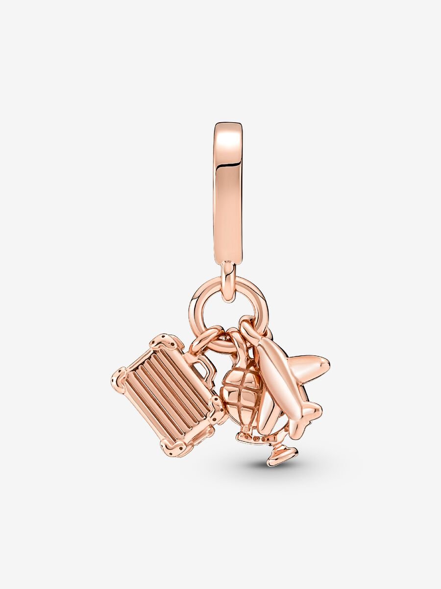 Airplane, Globe & Suitcase Triple Dangle Charm
14k rose gold plating