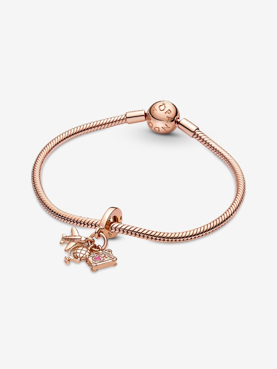 Airplane, Globe & Suitcase Triple Dangle Charm
14k rose gold plating