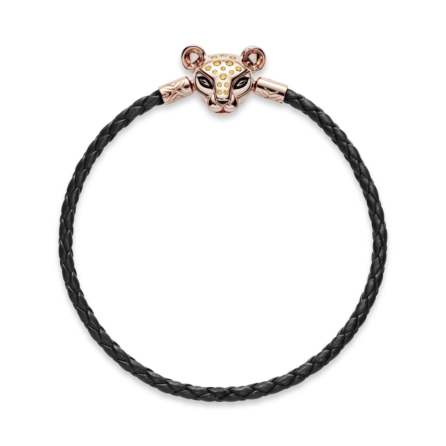 PANDORA ROSE BLACK LEATHER BRACELET AND LIONESS CLASP WITH HONEY CUBIC ZIRCONIA AND BLACK ENAMEL