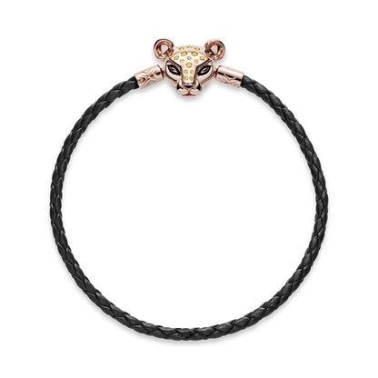 PANDORA ROSE BLACK LEATHER BRACELET AND LIONESS CLASP WITH HONEY CUBIC ZIRCONIA AND BLACK ENAMEL