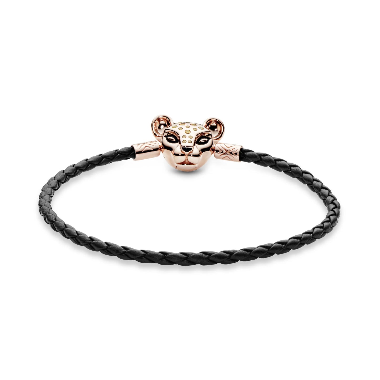 PANDORA ROSE BLACK LEATHER BRACELET AND LIONESS CLASP WITH HONEY CUBIC ZIRCONIA AND BLACK ENAMEL