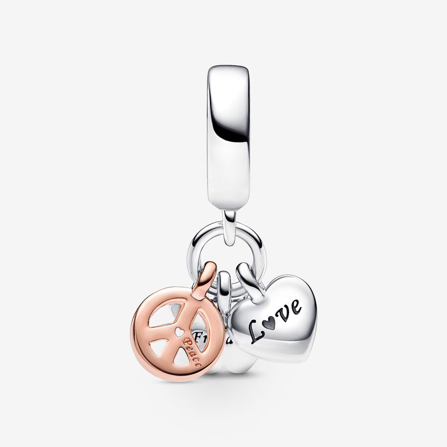 Two-Tone Rainbow Heart, Butterfly & Peace Triple Dangle Charm