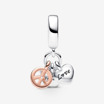 Two-Tone Rainbow Heart, Butterfly & Peace Triple Dangle Charm