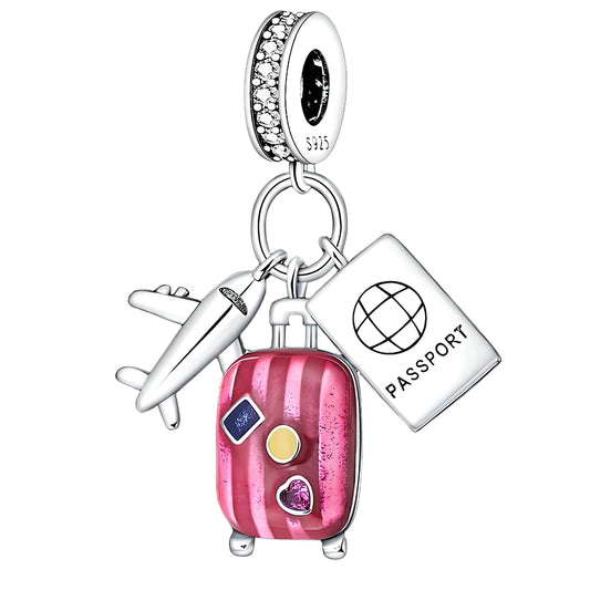 PASSPORT, AIRPLANE & PINK SUITCASE DANGLE CHARM