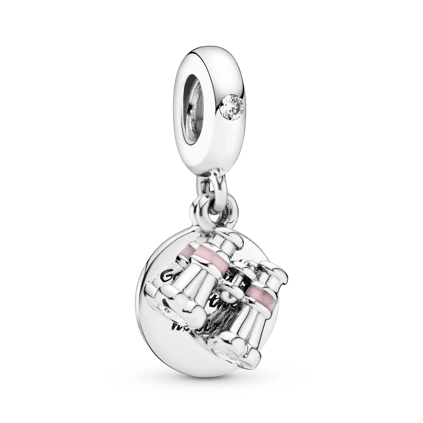 Binoculars silver dangle with clear cubic zirconia and pink enamel