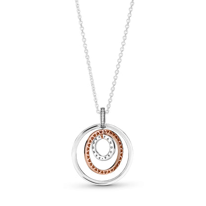 Pandora Logo Interlocking Circles Sterling Silver And 14K Rose Gold-Plated Pendant With Clear Cubic Zirconia And Necklace