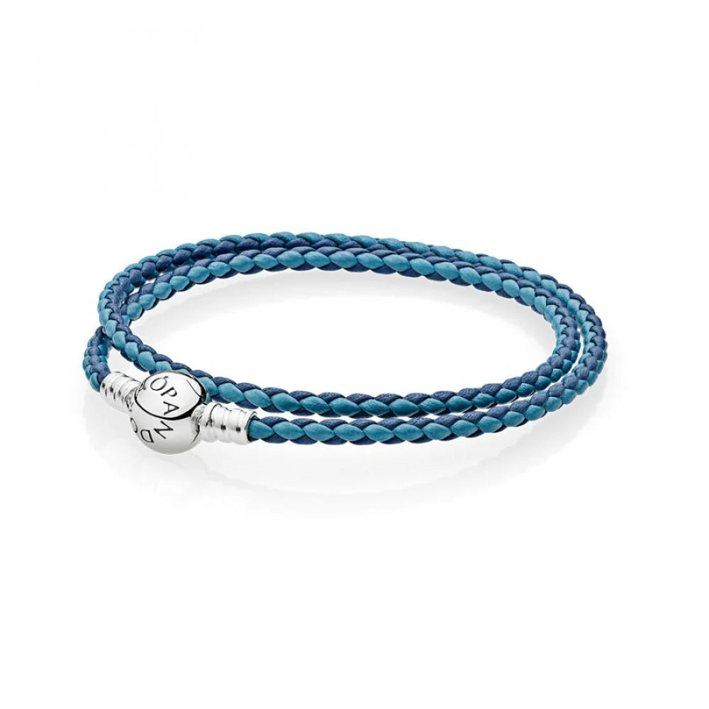 SILVER LEATHER BRACELET, DOUBLE, BLUE COLOUR MIX