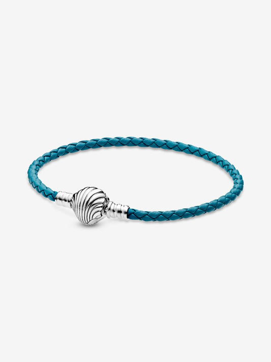 Pandora Moments Seashell Clasp Turquoise Braided Leather Bracelet