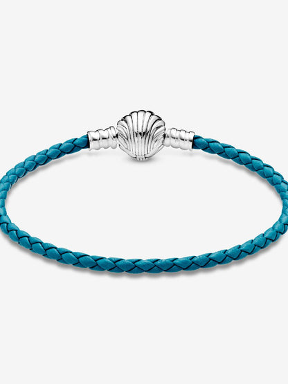 Pandora Moments Seashell Clasp Turquoise Braided Leather Bracelet