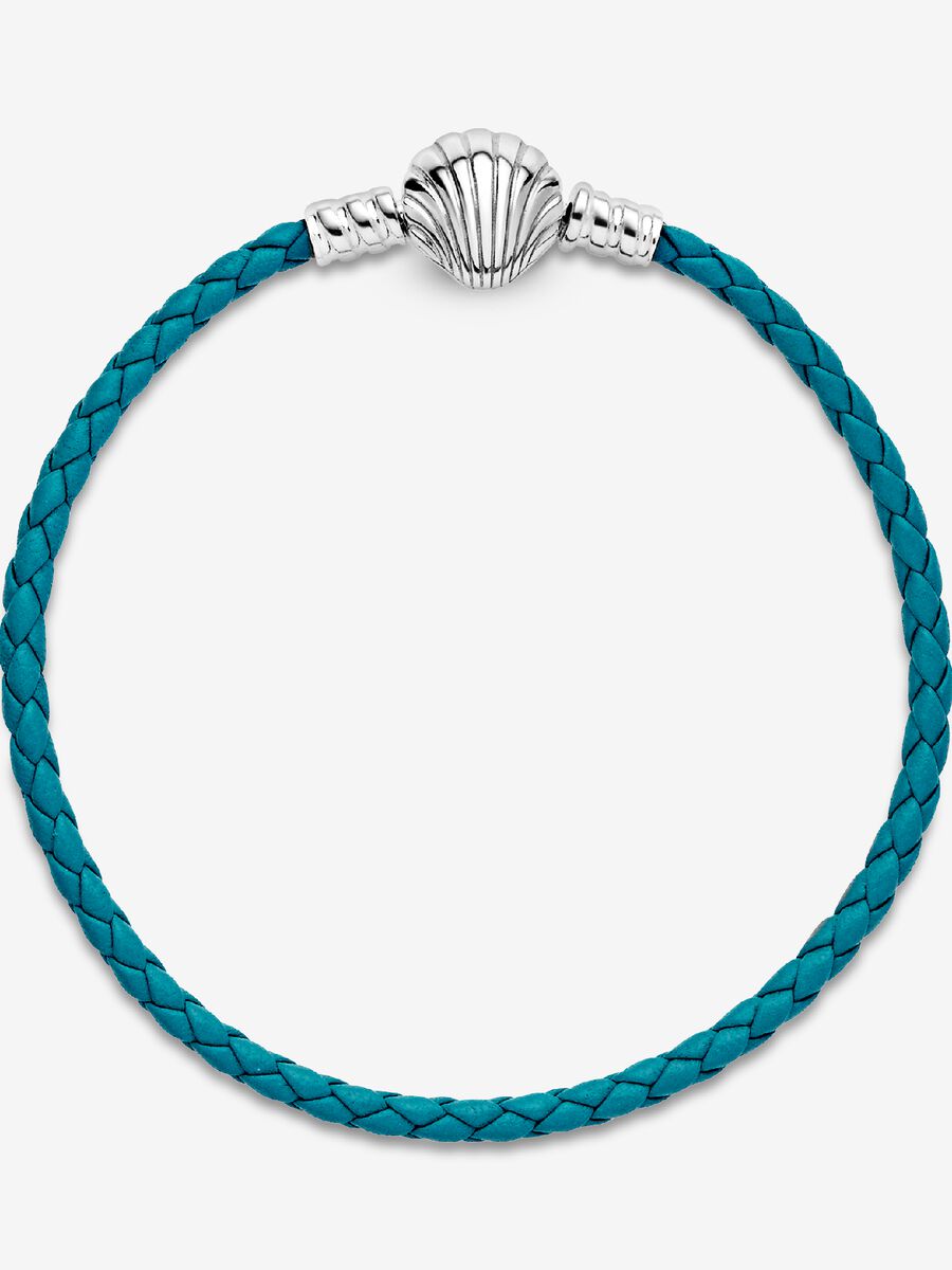 Pandora Moments Seashell Clasp Turquoise Braided Leather Bracelet