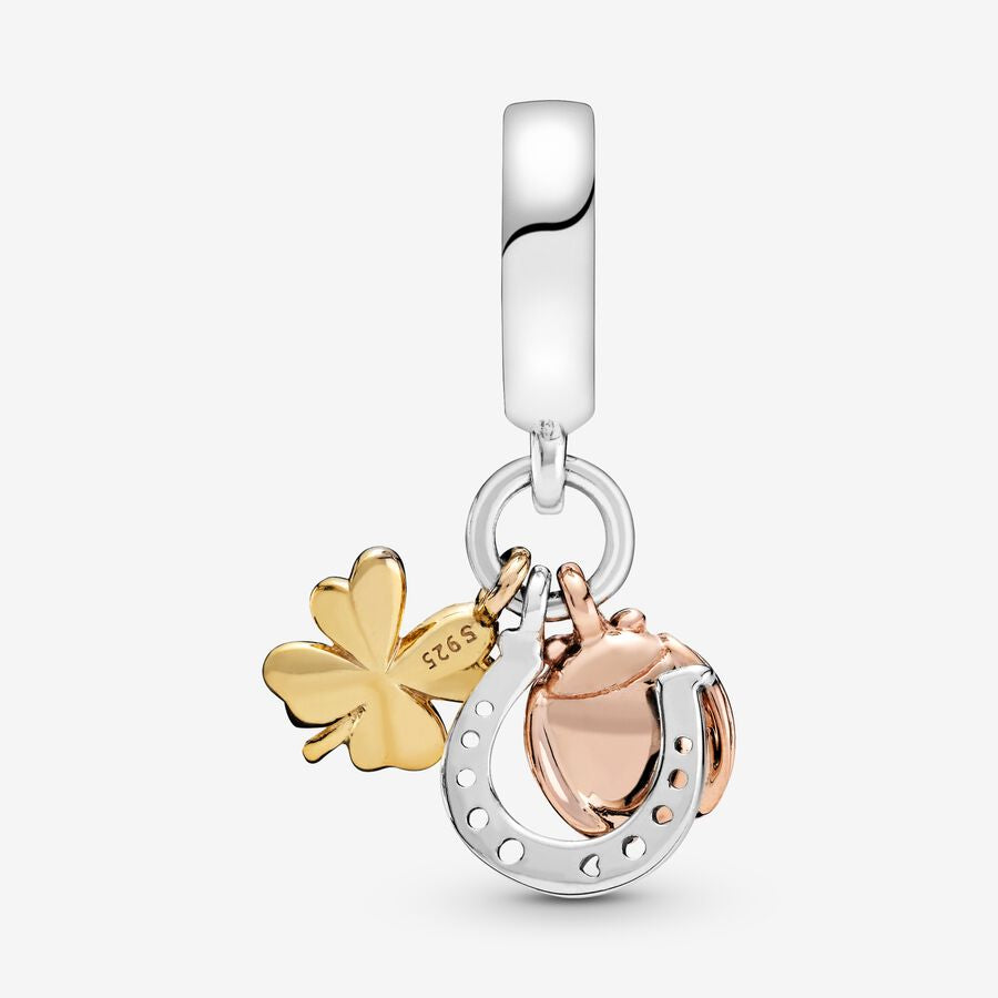 Horseshoe, clover and ladybird in silver, 14k gold-plated and 14k rose gold-plated dangle with clear cubic zirconia
