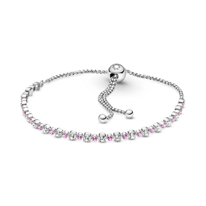Rhodium plated sterling silver slider bracelet with clear cubic zirconia and synthetic pink sapphire