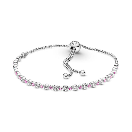 Rhodium plated sterling silver slider bracelet with clear cubic zirconia and synthetic pink sapphire