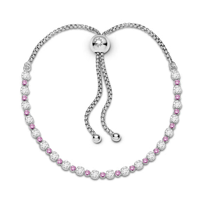 Rhodium plated sterling silver slider bracelet with clear cubic zirconia and synthetic pink sapphire