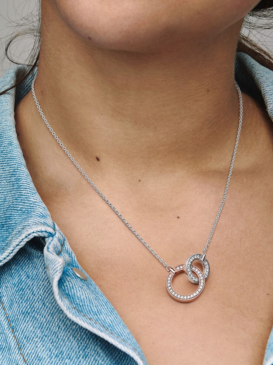 Pandora Signature Two tone Intertwined Circles Necklace
Sterling silver, 14k rose gold plating