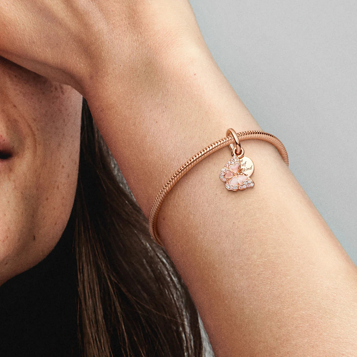 Pink Butterfly & Quote Double Dangle Charm
14k rose gold plating