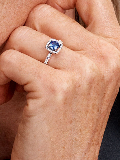 Sparkling Square Blue Halo Ring