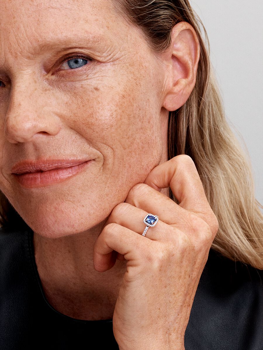 Sparkling Square Blue Halo Ring