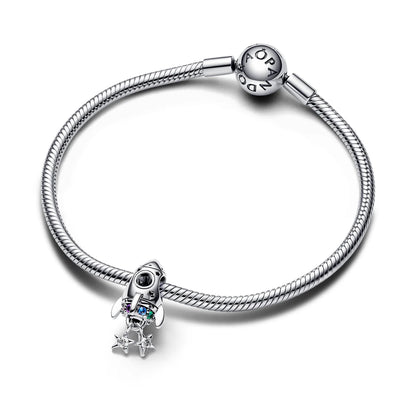 Space Rocket Sterling Silver Charm With Phlox Pink, Royal Purple, Stellar Blue And Royal Green Crystal And Clear Cubic Zirconia