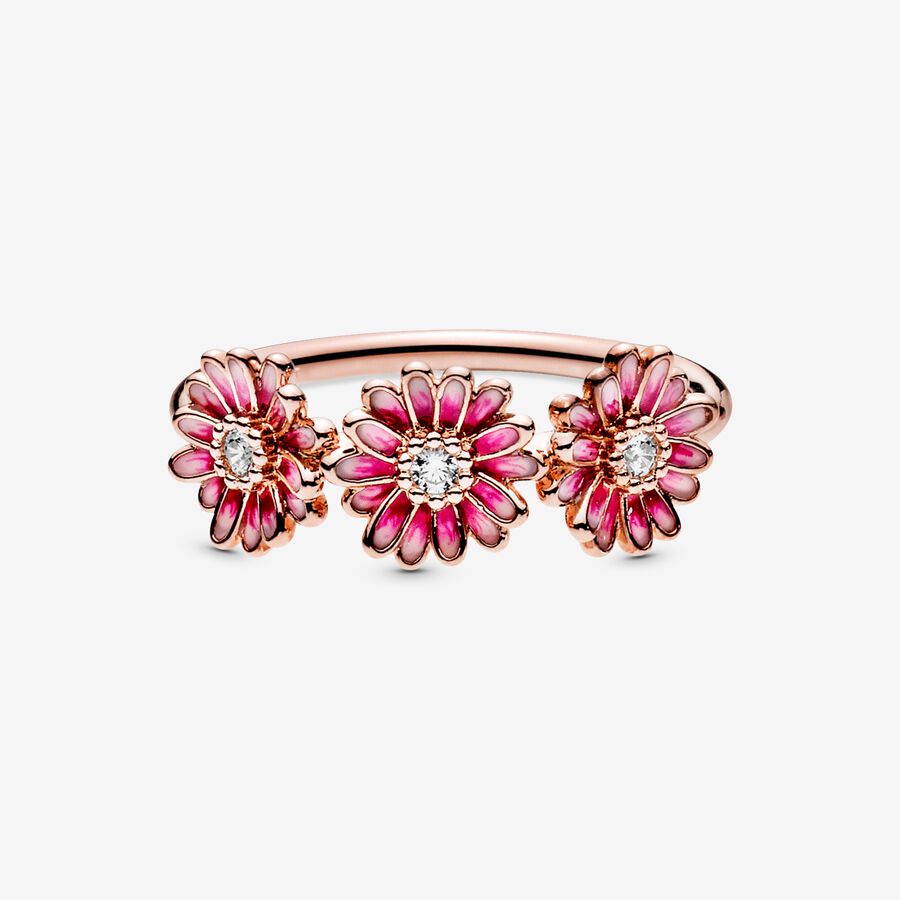 Daisy 14k rose gold-plated ring with clear cubic zirconia and shaded pink enamel