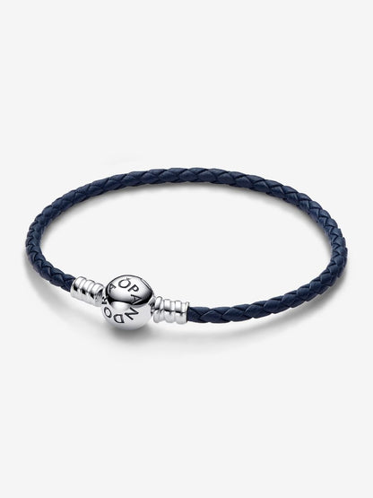 Pandora Moments Round Clasp Blue Braided Leather Bracelet