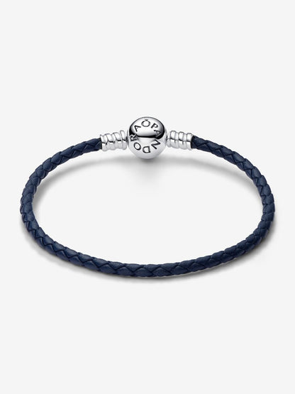 Pandora Moments Round Clasp Blue Braided Leather Bracelet
