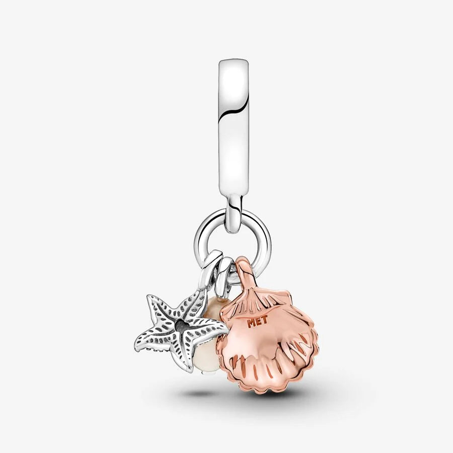 Treated Freshwater Cultured Pearl, Starfish & Shell Triple Dangle Charm