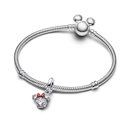 Disney Minnie Mouse Sterling Silver Dangle With Clear Cubic Zirconia And Holo Glittery Red Enamel
