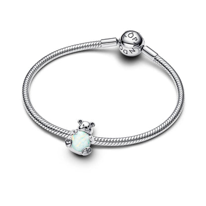 Polar Bear Sterling Silver Charm With White Lab-Created Opal And Black Enamel
