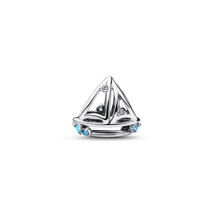 Sailboat Sterling Silver Charm With Clear Cubic Zirconia And Capri Blue Crystal