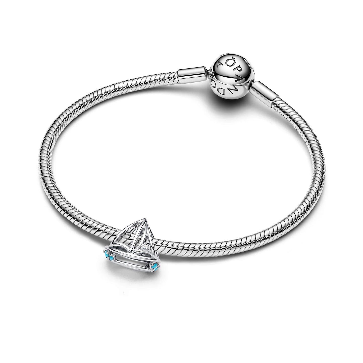 Sailboat Sterling Silver Charm With Clear Cubic Zirconia And Capri Blue Crystal