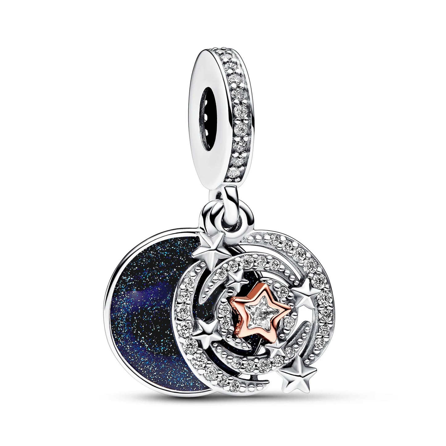 Shooting Star Sterling Silver And 14K Rose Gold-Plated Double Dangle With Clear Cubic Zirconia And Shimmering Blue Enamel