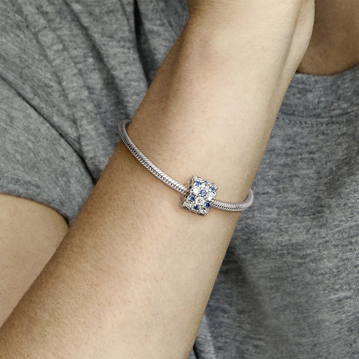 Sterling Silver Charm With Moonlight Blue Crystal And Clear Cubic Zirconia