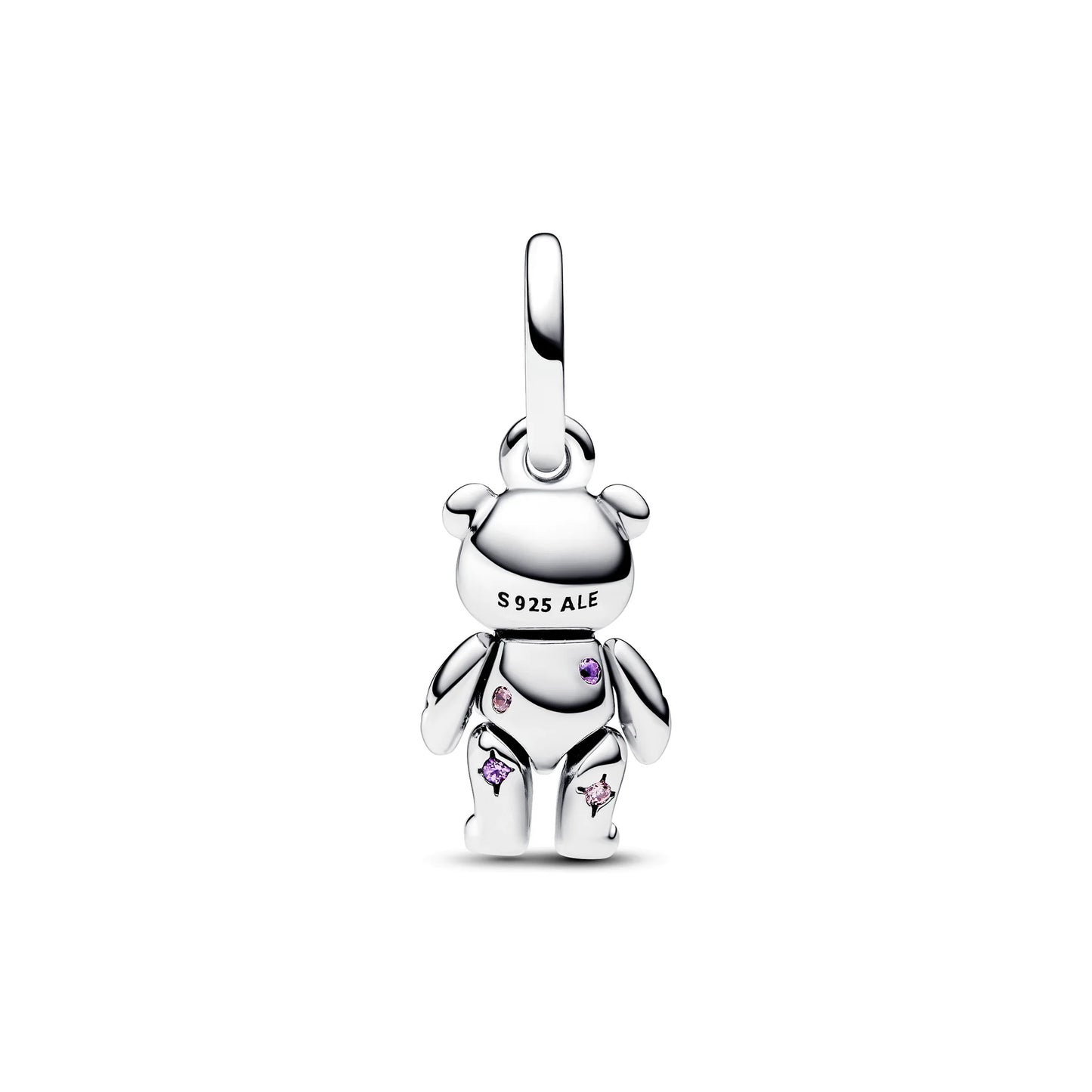 Teddy Bear Sterling Silver Dangle With Fancy Fairy Tale Pink Cubic Zirconia, Royal Purple And Stellar Blue Crystal