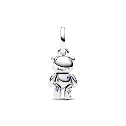 Teddy Bear Sterling Silver Dangle With Fancy Fairy Tale Pink Cubic Zirconia, Royal Purple And Stellar Blue Crystal