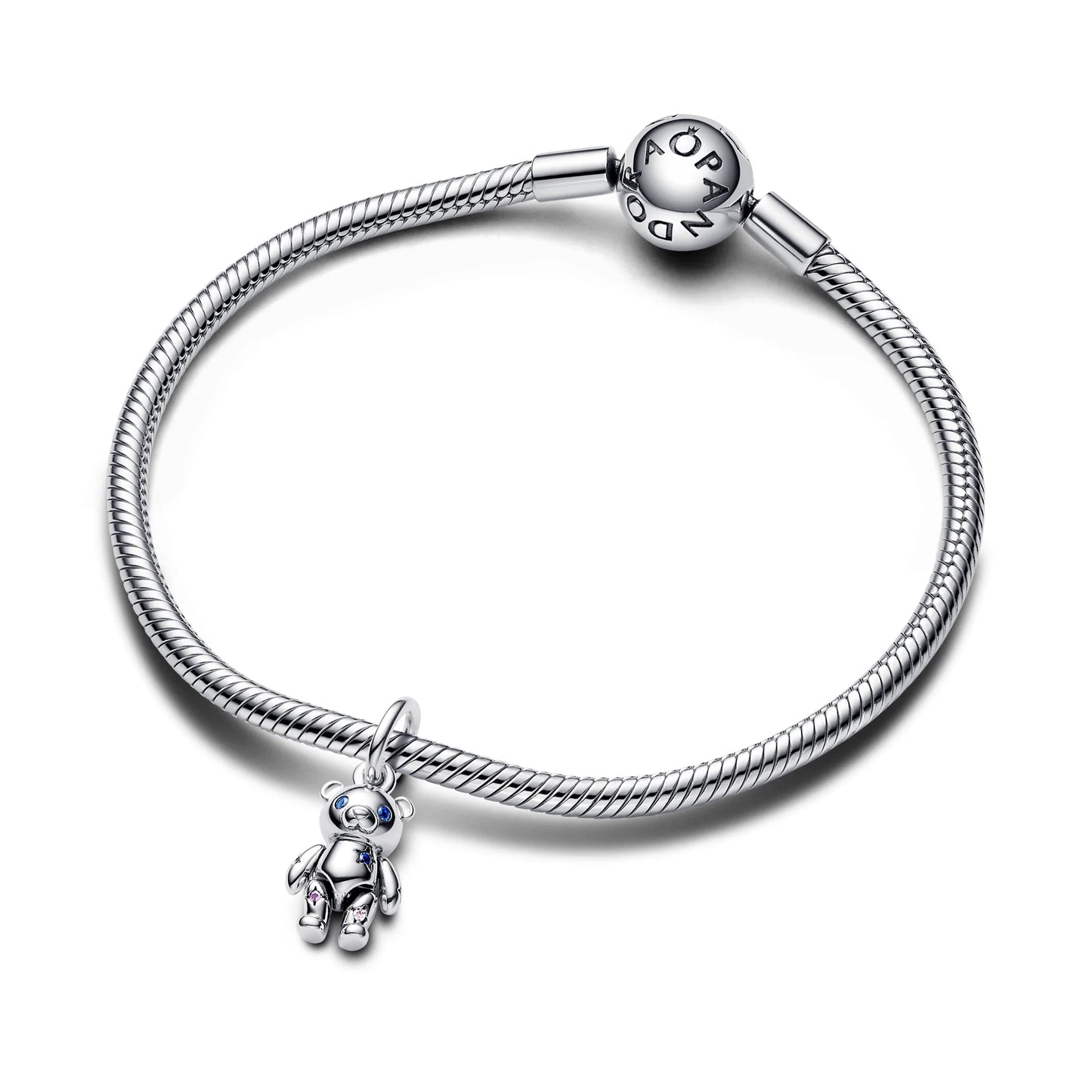 Teddy Bear Sterling Silver Dangle With Fancy Fairy Tale Pink Cubic Zirconia, Royal Purple And Stellar Blue Crystal